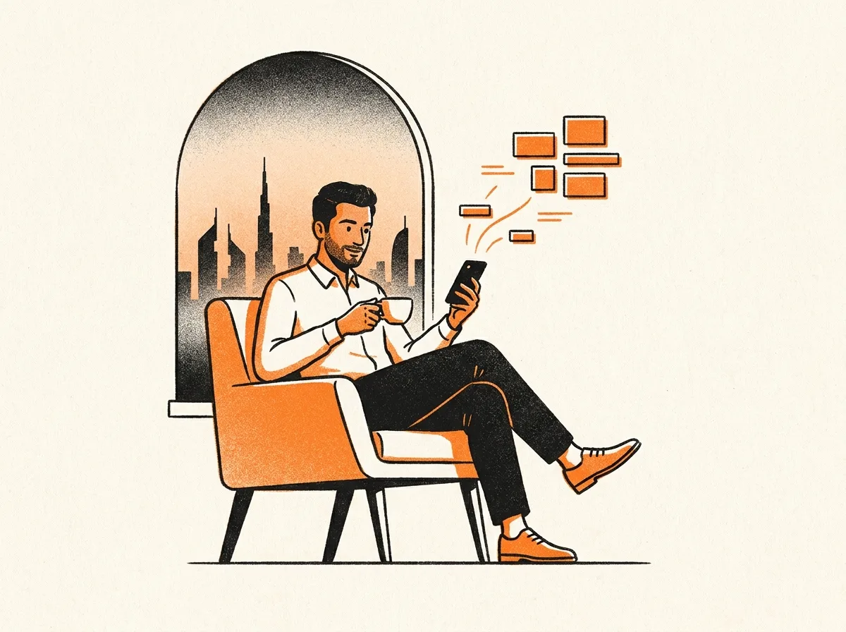 A clinic owner with a coffee at sunrise, reading a short summary on his phone.